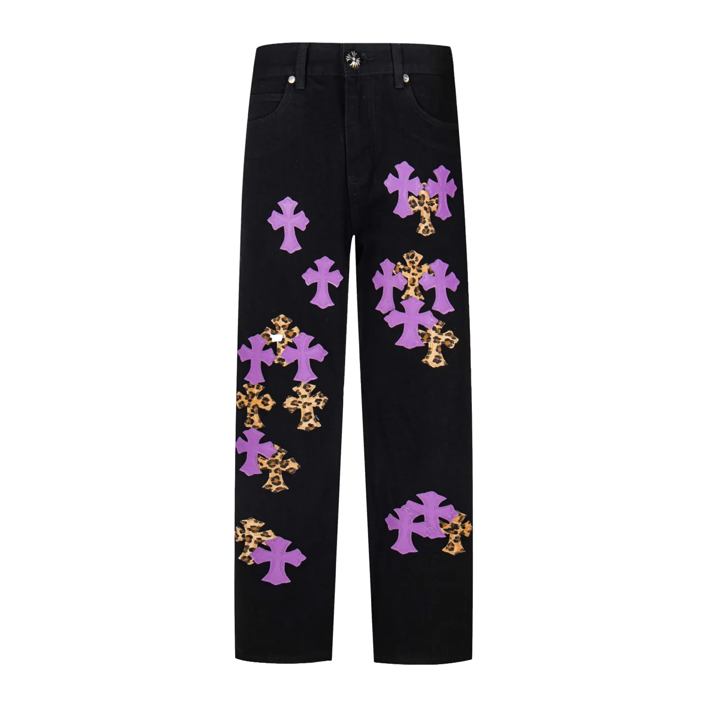 P240 Chrome Hearts black denim jeans with purple leopard print. CH jeans need to be washed and then disassembled and hand-stitched with sheepskin cross leather and then spliced ​​together. The whole piece has too many craftsmanship to explain. The patchwork cross pattern is embellished, and the high-waisted washed jeans! ! Absolutely high-end luxury products, god-level single products and super popular products, made with top heavy industry, a must-see magic weapon. Customized hardware. The fabric is thick and soft after washing. It has good breathability. Customized small leather label. Unique design. The details are simple and elegant, and the workmanship is exquisite. The entire trousers are neatly routed and the details are in place! It’s so cool that both men and women can easily control the genderless trend! Style number: 1798# Color: black Size: 28 30 32 34 36